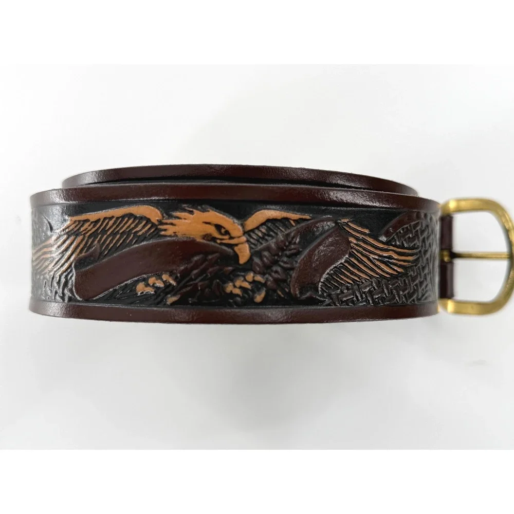 VTG 70''s Wrangler HandTooled Eagle Embossed LeatherBelt Mens 46 (52